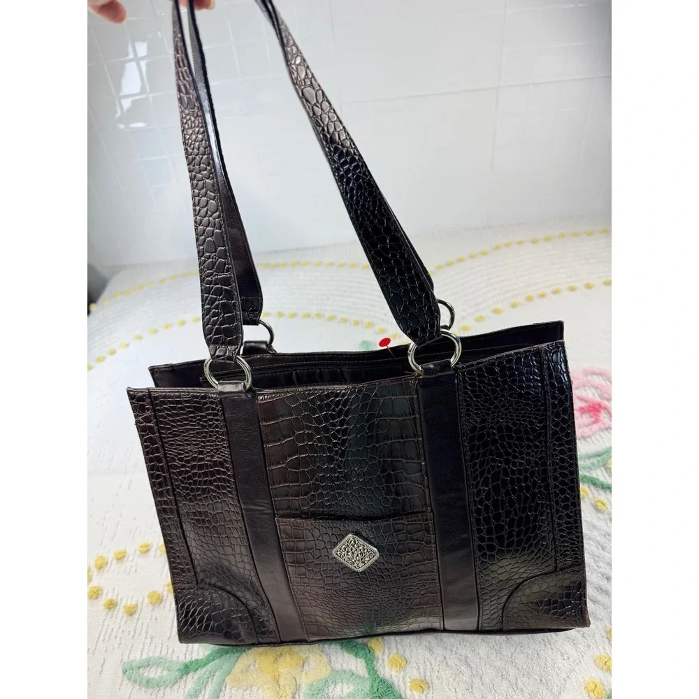 Coldwater Creek Dark Brown Faux Croc Tote Bag Silver Accent - Picture 2 of 11